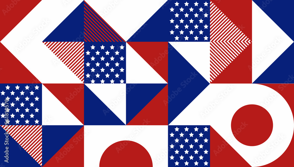 Abstract seamless pattern of geometric shapes. USA colors. Happy President's Day. Template for background, invitations, greetings, web. Abstract seamless pattern of geometric shapes. USA colors. Happy President's Day. Template for background, invitations, greetings, web.
