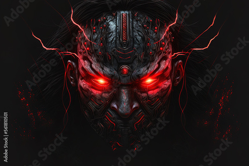 Illustration of a menacing future cyborg head with glowing red eyes, black wiring, and scratched grunge metal. Floating samurai robot man face concept illustration. digital technologies. Generative AI