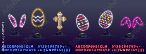 Vector set of realistic isolated neon sign of Easter logo for template decoration and invitation covering on the wall background. Concept of Happy Easter.