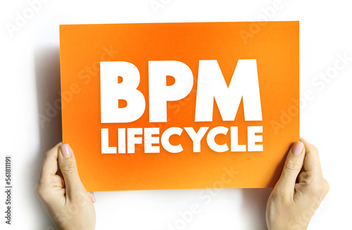 BPM Lifecycle - standardizes the process of implementing and managing business processes inside an organization, text concept on card