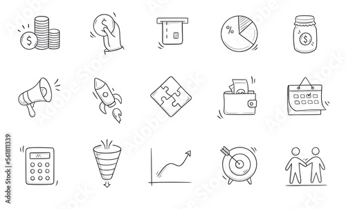 Business doodle icon. Finance, money, investment hand drawn sketch style icon. Money, coin, financial symbol comic doodle drawn collection. Vector illustration