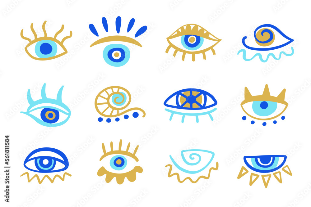 Blue Evil eyes set. Hand drawn elements
