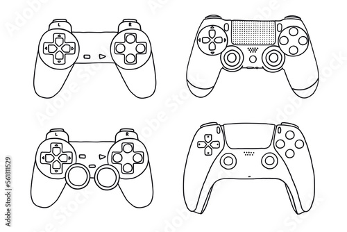 Hand-drawn game controllers set. Vector illustrations in outline doodle style. Icons on white background.