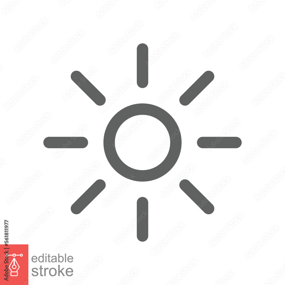Sun icon. Simple outline style. Brightness symbol, intensity setting, bright, light, heat, energy concept. Line vector illustration isolated on white background. Editable stroke EPS 10. Sun icon. Simple outline style. Brightness symbol, intensity setting, bright, light, heat, energy concept. Line vector illustration isolated on white background. Editable stroke EPS 10.