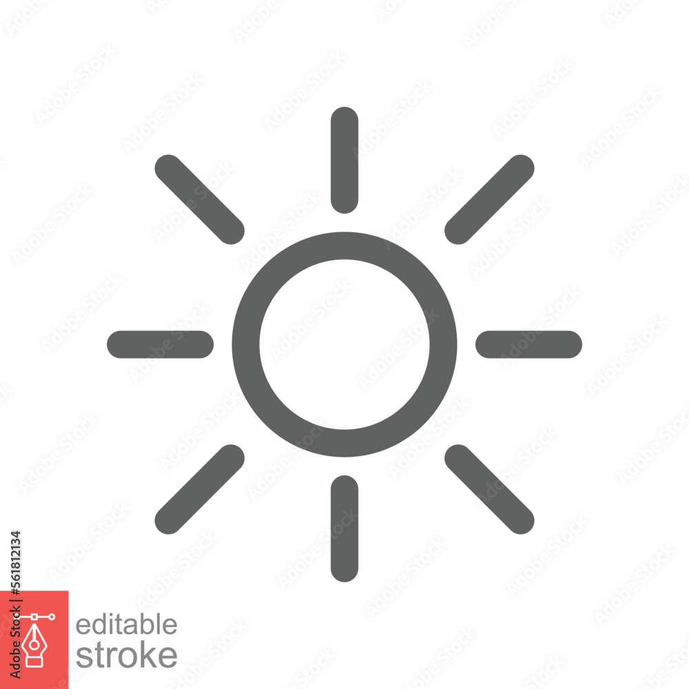 Sun icon. Simple outline style. Brightness symbol, intensity setting, bright, light, heat, energy concept. Line vector illustration isolated on white background. Editable stroke EPS 10. Sun icon. Simple outline style. Brightness symbol, intensity setting, bright, light, heat, energy concept. Line vector illustration isolated on white background. Editable stroke EPS 10.
