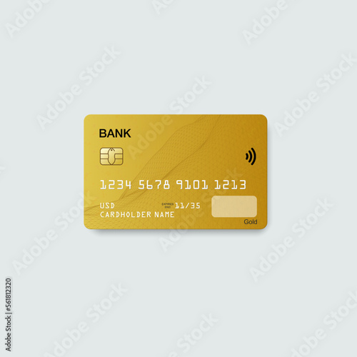 Gold credit card isolated on grey background with transparent shadow. Vector, eps 10. Detailed glossy bank card concept. Abstract design for business, payment history, online shopping, web, banking.