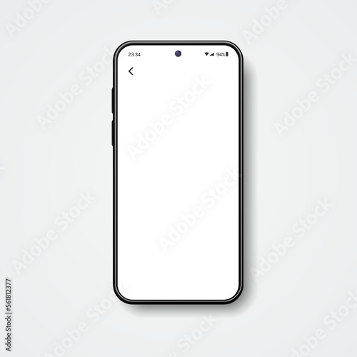 Realistic smartphone mockup with blank screen for aaplication design. Mobile phone display template isolated on white background with transparent shadow. Realistic vector 3d illustration.