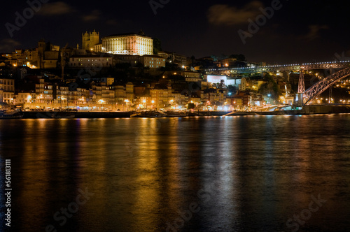 Night scene, Porto Portugal, with reflections in the river Douro.