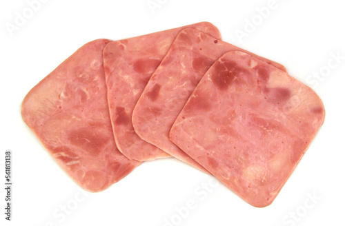 Four ham slices isolated on white background.