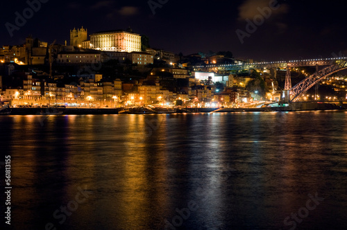 Night scene  Porto Portugal  with reflections in the river Douro.