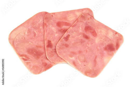 Few ham slices isolated on white background.	