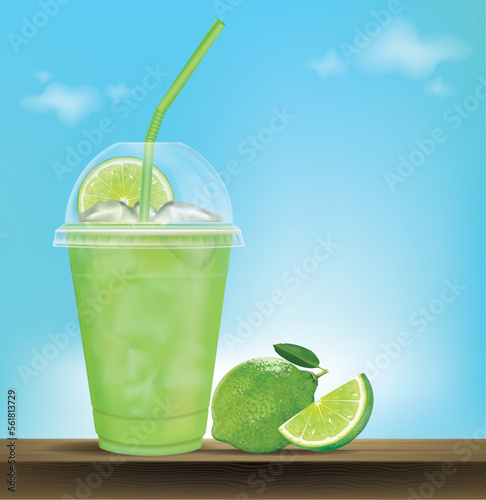 Cup of lemon iced tea.Lemonade in plastic glasses placed on wooden floor