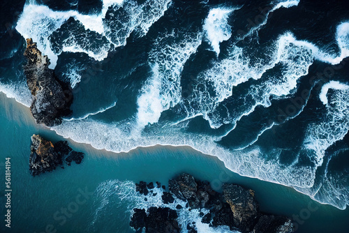 Foto Spectacular drone photo, top view of seascape ocean wave crashing rocky cliff with sunset at the horizon as background