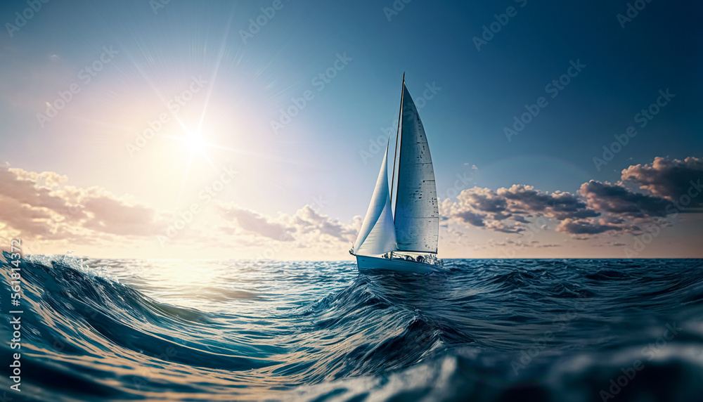 Sailboat in the sea under sunlight, luxury summer adventure, outdoor activities at sea. Sailboat sailing on ocean.	