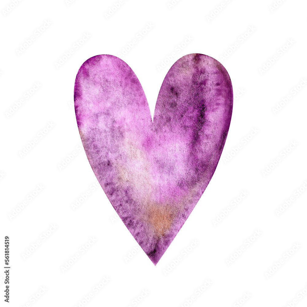 purple watercolor heart. Valentine's Day. doodle illustration.