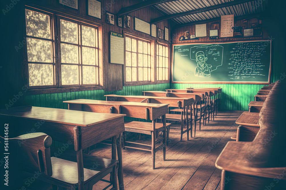 Empty School classroom with desks chair wood, and green board in high school Thailand, vintage tone education concept. Generative AI