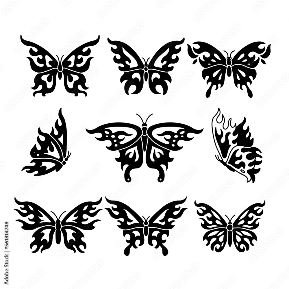 Set of tattoo with abstract flaming butterfly. Black silhouettes isolated on white background. Symmetrical emo vector illustration.