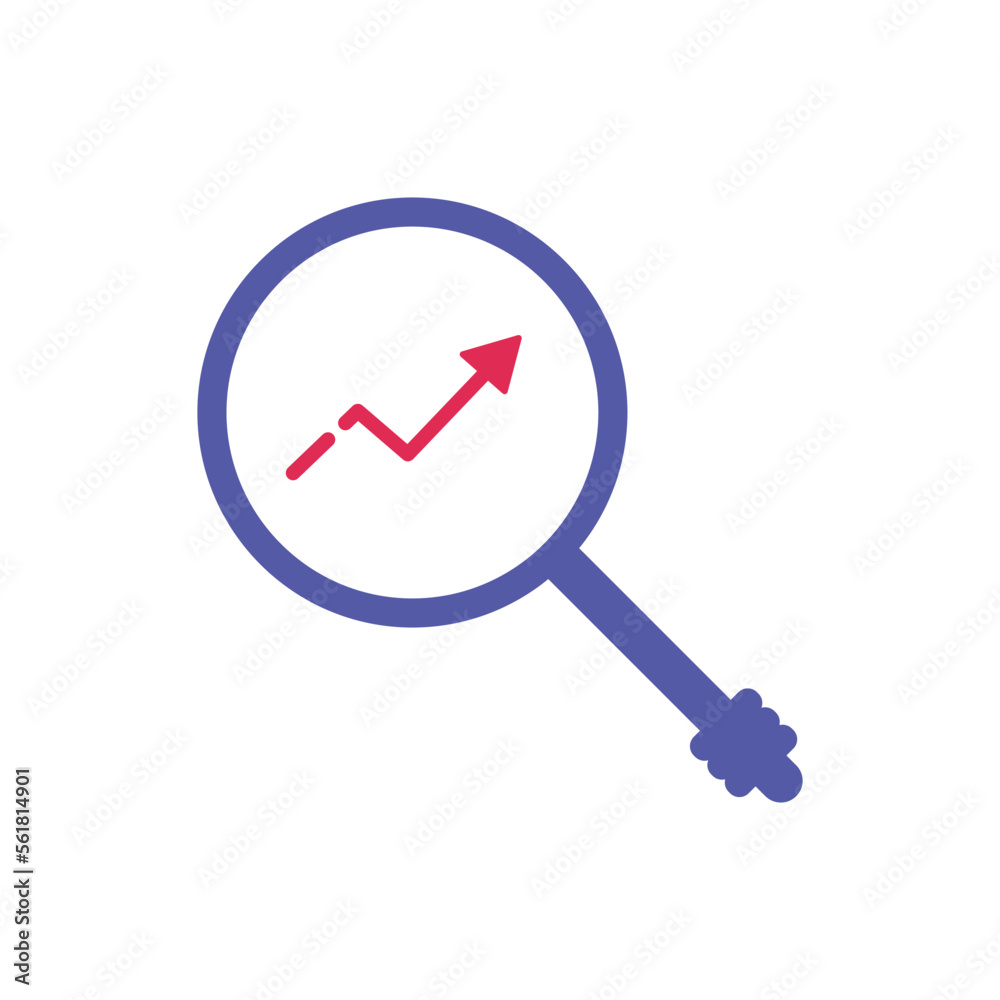 Magnifying glass with arrow chart. Growth and decline business investment and marketing finance analysis with successful vector profit Magnifying glass with arrow chart. Growth and decline business investment and marketing finance analysis with successful vector profit