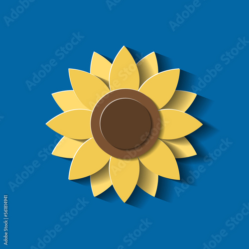 Sunflower on blue background. Yellow flower in paper cut style. Origami, 3d effect. Vector illustration.