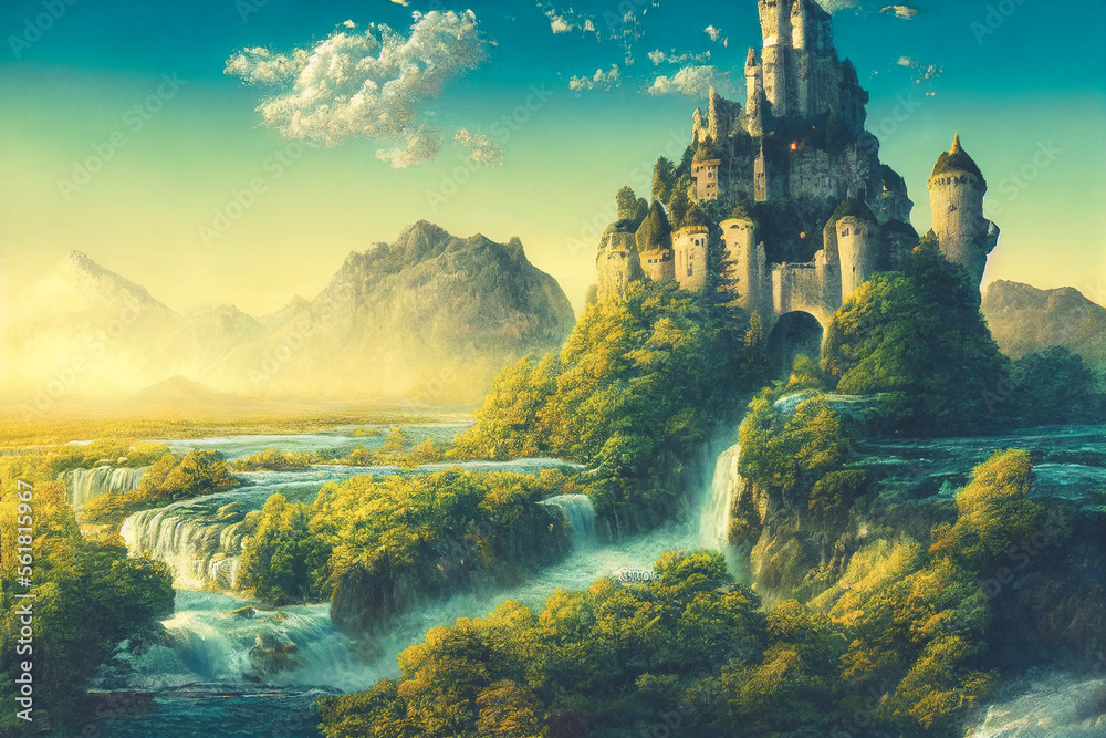Beautiful Digital Art Of Fantasy Fairy Tale Castle On Waterfall With