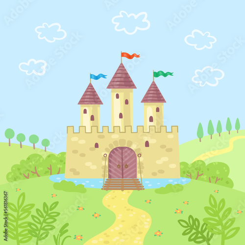 Landscape with a medieval fortress. The ancient castle stands in the middle of nature. Fairytale decoration. In cartoon style. Vector flat illustration