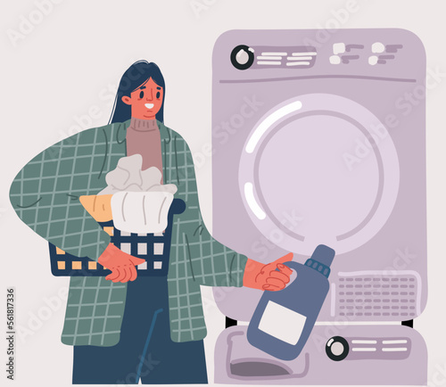 Vector illustration of woman laundress to wash clothes. Dirty and clean. Homework, in the laundry
