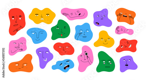 Diverse people face doing funny hand gesture and emotion. Colorful avatar design set, modern flat cartoon character collection in simple doodle art style for psychology concept or social reaction.