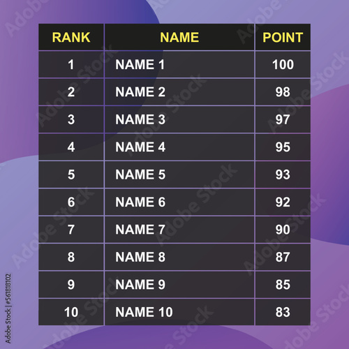 sports league table. score table. team standings. vector illustration.