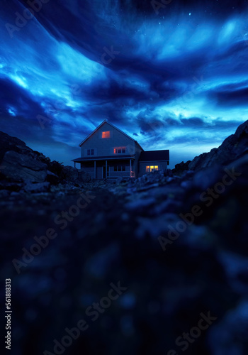 Wooden house with illuminated window in arid rocky landscape under a dark cloudy sky. 3D render.
