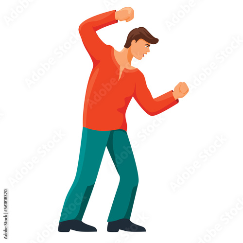 Angry man attacks. Guy with raised fist is going to attack enemy who offended and inflicted vector insult on him