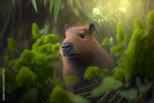 Capybara surrounded by plants 