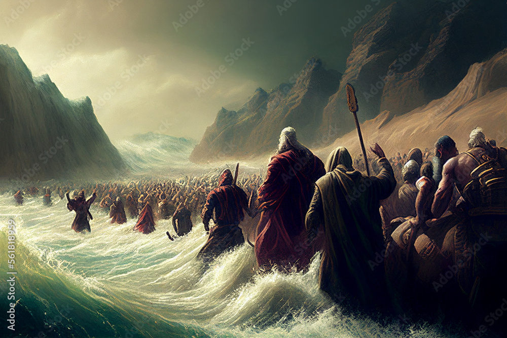 Exodus of the bible, Moses the Red Sea with the Israelites, escape from the Egyptians, generative AI Stock Illustration | Adobe Stock
