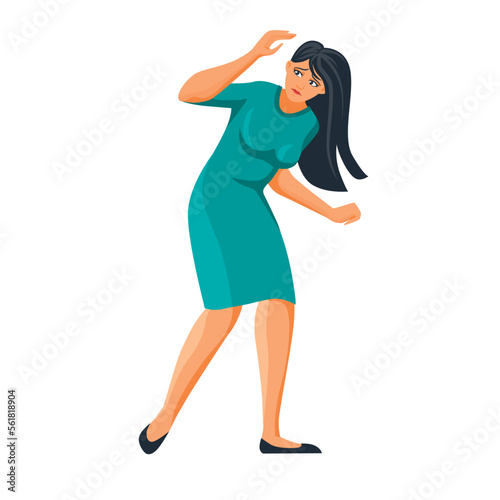 Frightened woman defends herself. Stressful situation in girl covering her face with her hand with an expression of complete vector horror
