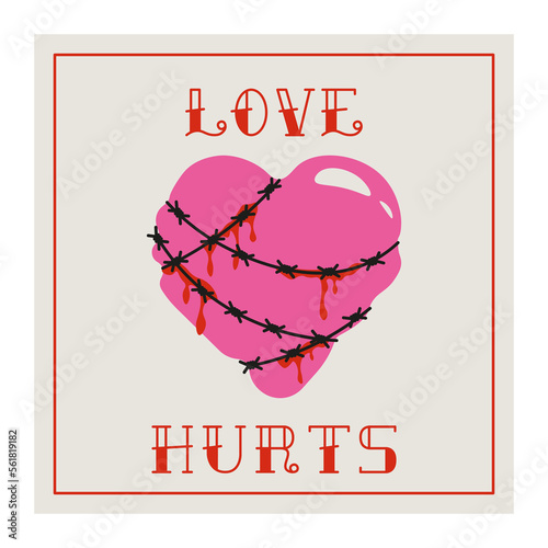 Broken heart art concept. Love hurts phrase. Bleeding heart with barbed wire. Bad Valentine's Days Card. Vector Illustration in trendy pink tattoo style.