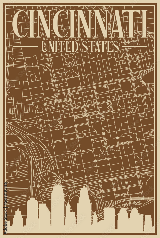 Brown hand-drawn framed poster of the downtown CINCINNATI, UNITED STATES OF AMERICA with highlighted vintage city skyline and lettering