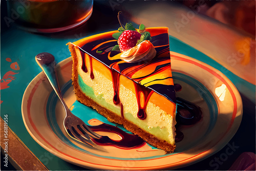 delicious piece of cheesecake on a plate with bright colors,strawberries and blueberry cake
