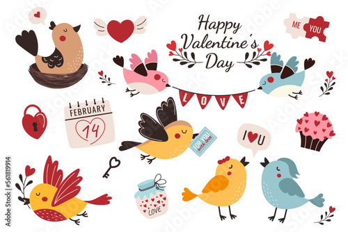 Beautiful and cute multi-coloured birds. Valentine's Day set. Vector birds for cards, stickers, invitations, banners and posters. Vector lovebirds