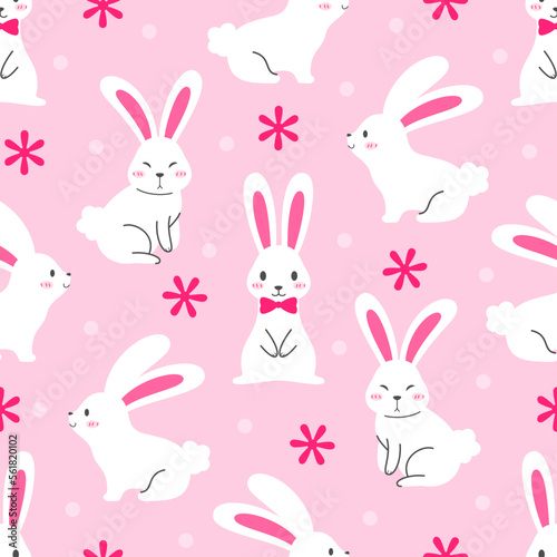 Rabbit seamless pattern background vector illustration. Cute white rabbits on pink background