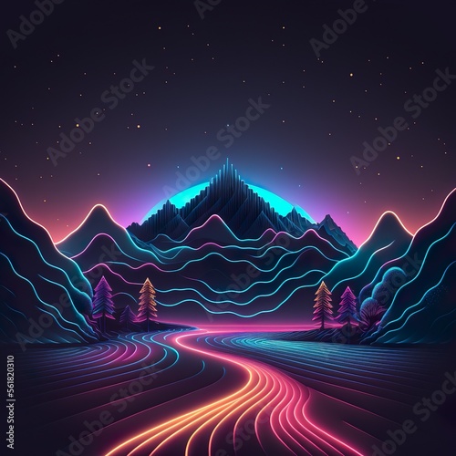 landscape, neon, background, sky, road, cyber, videogame