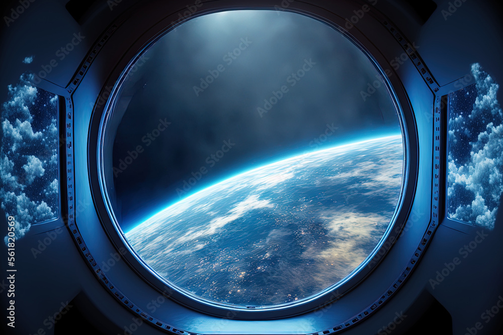 include a futuristic dark blue spaceship interior with a window view of Earth. Generative AI include a futuristic dark blue spaceship interior with a window view of Earth. Generative AI