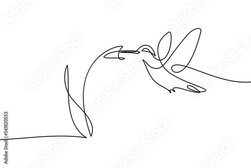 Hummingbird feeding from a flower in continuous line art drawing style. Small bird hovering in mid-air nectaring on a flower. Black linear design isolated on white background. Vector illustration photo