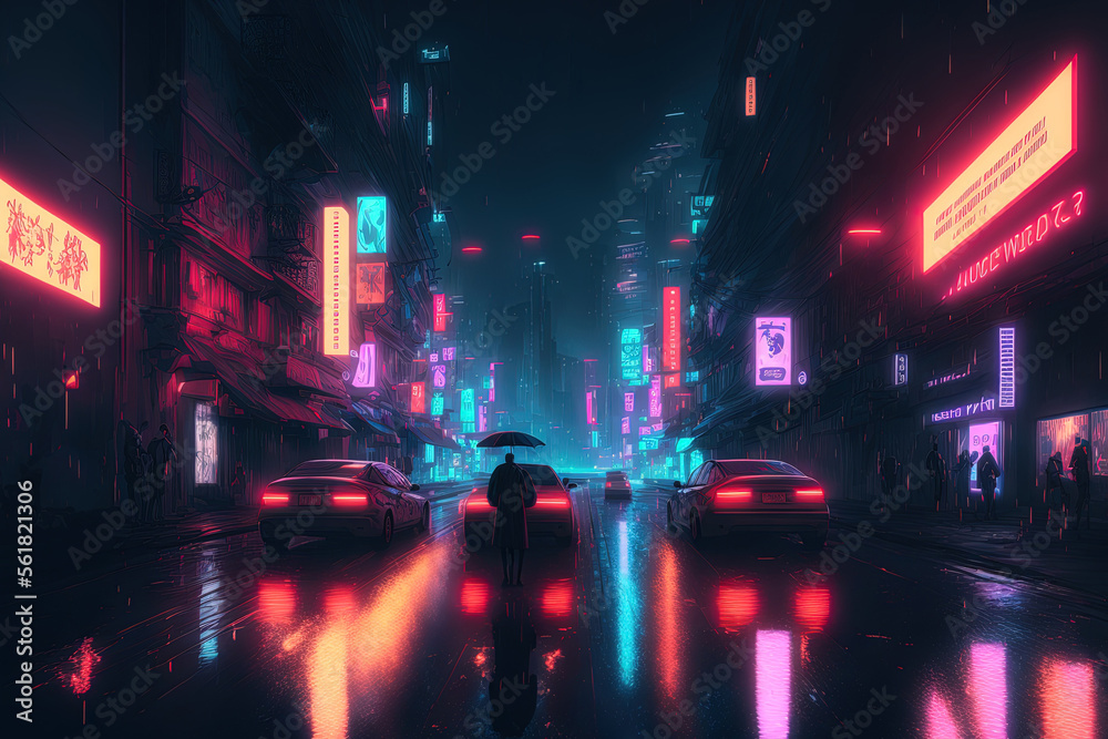 city of cyberpunk. Photorealistic illustration of a futuristic city's neon night. Bright neon lights illuminate a deserted street. beautiful urban scene at night. Generative AI