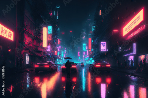 city of cyberpunk. Photorealistic illustration of a futuristic city's neon night. Bright neon lights illuminate a deserted street. beautiful urban scene at night. Generative AI © 2rogan