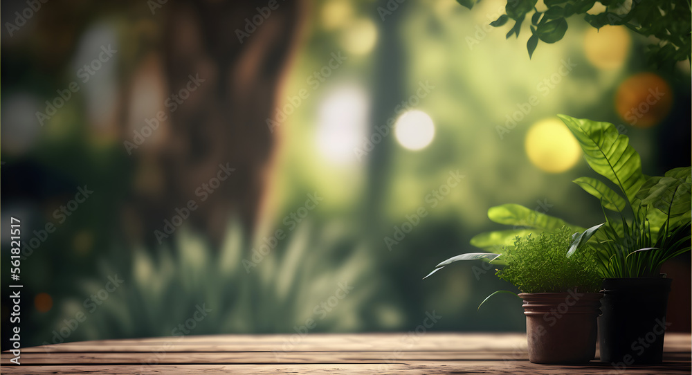 Empty wood table top, garden background, used for display or products, illustration ai generative Empty wood table top, garden background, used for display or products, illustration ai generative