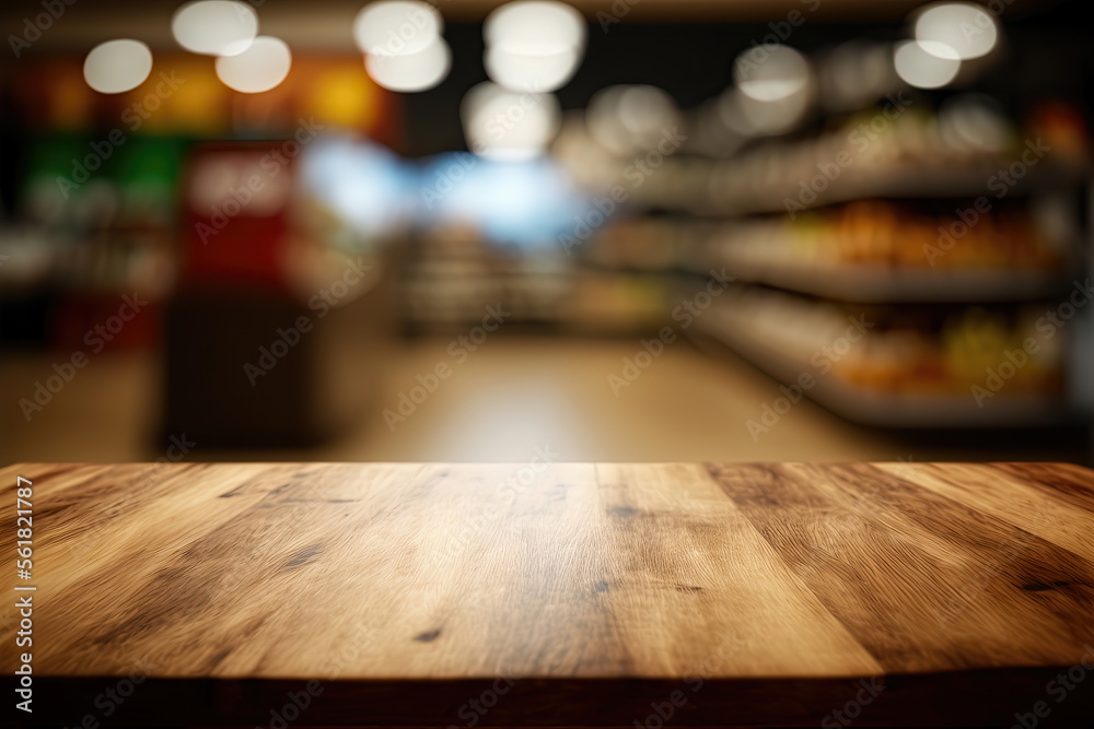 Shinny empty natural wooden counter top in an eco-friendly grocery store with beautiful wooden products shelf in background. Nobody, Healthy products display, Day light, Blurred, Selective focus.	

