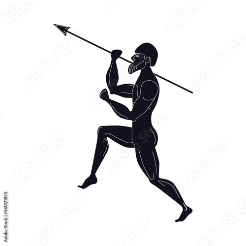 Ancient greek soldier with spear. Mythology spartan warrior without armor in helmet strikes with pike in classic antique vector style