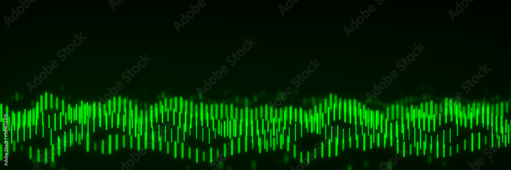 Abstract dynamic wave flow of vertical green glow lines on a dark background. Digital wave background concept. Big data visualization. 3D rendering.