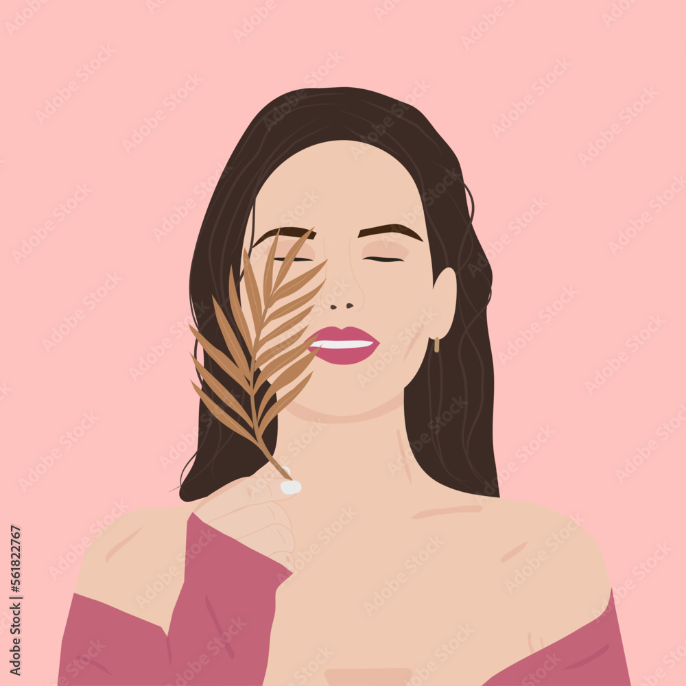 Minimalistic portrait of a girl with a leaf in pink colors Minimalistic portrait of a girl with a leaf in pink colors