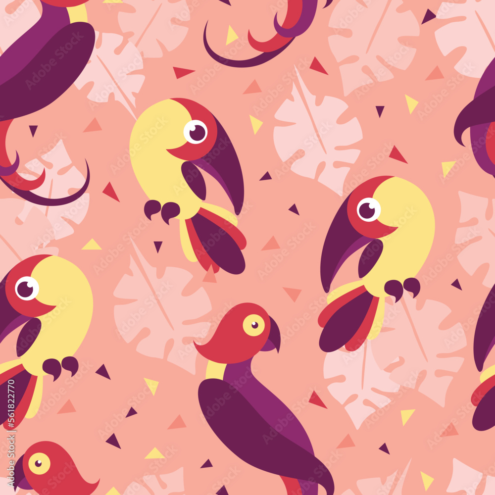 Obraz premium Birds in jungle pattern seamless. Exotic creative tropical bird toucan of paradise decoration colorful trees leaves and vector abstract