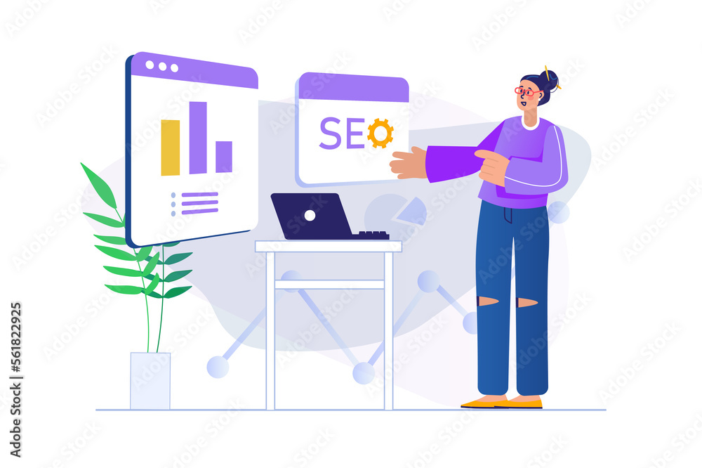 Seo analysis concept with people scene in flat design. Woman analyzes data graphs and keywords, settings search engine ranking and traffic. Illustration with character situation for web